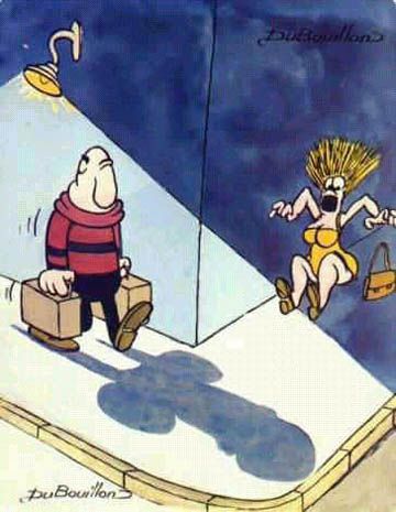 Cartoon by DuBouillon: a man carrying two suitcases walks under a street lamp, and his shadow looks rather rude. A startled woman in a yellow dress leaps away.
